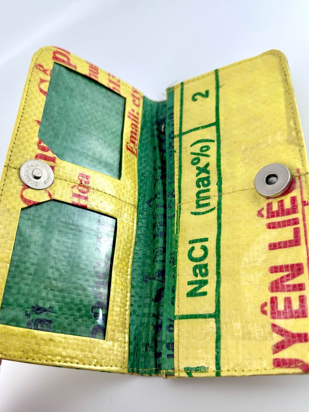 Malia Designs Recycled Feed Bag Long Wallet Yellow Green Upcycled Fair Trade